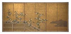 PAIRE DE PARAVENTS À SIX FEUILLES SUR PAPIER ET FOND DE FEUILLES D'OR, Japon, époque Edo, XVIIIe siècle