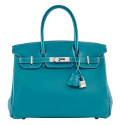 HERMÈS 2007  Sac BIRKIN 30   Veau Swift bleu Piqué sellier blanc Garniture métal argenté palladié  BIRKIN 30 bagR...