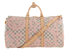 LOUIS VUITTON 2017  Sac KEEPALL 50  Toile damier azur Tahitienne et cuir naturel Garniture métal doré Anse bandoulière...