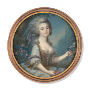 Augustin DUBOURG Saint-Dié-des-Vosges, 1750 - après 1800 Portrait de femme assise sur un banc dans un jardin et tenant des fleurs Mi...