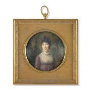 Louis-Lié PERIN-SALBREUX Reims, 1753-1817 Portrait de femme en turban bleu fleuri, dans un paysage Miniature sur ivoire, de forme ro...