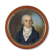 Wendelin MOOSBRUGGER Rehmen, 1760 - Aarau, 1849 Portrait d'homme en redingote bleue et gilet à pois, dans un paysage Miniature sur i..