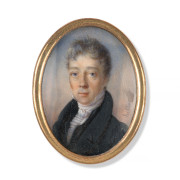 Jean-François HOLLIER Chantilly, 1776 - Paris, 1845 Portrait d'homme à la redingote grise Miniature sur ivoire, de forme ovale