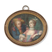 Attribué à Pierre-Antoine BAUDOIN Paris, 1723 - 1769 Couple de personnages galants dans un intérieur Miniature sur ivoire, de forme...