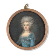 Louis-Etienne ADVINENT Lyon 1767 - Marseille 1831 Portrait de femme à la robe bleue Miniature sur ivoire, de forme ronde