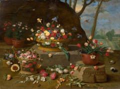 Pseudo-Jan van KESSEL II Actif vers 1660 - 1750 Paniers de fleurs et vases dans un paysage Huile sur cuivre