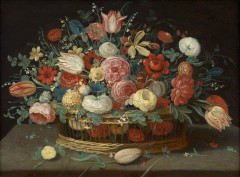 Pseudo-Jan van KESSEL II Actif vers 1660-1750 Corbeille de fleurs sur un entablement Huile sur cuivre