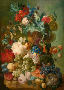 Jan van OS Middelharnis, 1744 - La Haye, 1808 Bouquet de fleurs et fruits sur un entablement Huile sur panneau