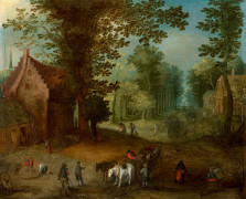 Jan BRUEGHEL le Jeune et atelier Anvers, 1601 - 1678 Convois sur un chemin arboré Huile sur cuivre