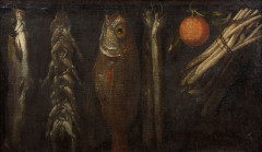 Ecole espagnole du XVIIe siècle  Bodegone aux guirlandes de grenouilles, poissons, oranges et asperges Huile sur toile