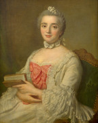 Pierre ALLAIS Paris, 1700/1702 - 1781/1782 Portrait de jeune femme à la robe blanche et aux noeuds roses tenant un livre Huile sur t...