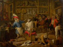 Nicolaes van VEERENDAEL Anvers, 1640 - 1691 L'atelier du singe coiffeur Huile sur panneau