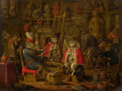 Nicolaes van VEERENDAEL Anvers, 1640 - 1691 L'atelier du singe peintre Huile sur panneau