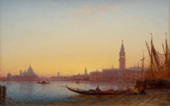 Félix ZIEM Beaune, 1821 - Paris, 1911 Gondoles dans le Grand Bassin, Venise, circa 1865 Huile sur panneau, une planche