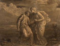 Louis JANMOT Lyon, 1814 - 1892 Ange soutenant un homme affaibli Crayon noir, fusain, estompe et rehauts de craie blanche sur papier