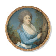 Ecole française vers 1790  Portrait de jeune femme en robe bleue dans un paysage écrivant sur une anse Miniature sur ivoire, de form...