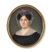 Jean Marie Michel BOUVIER Châteaubourg, 1783 - Nantes, 1852 Portrait de femme au bonnet de dentelle Miniature sur ivoire, de forme o...