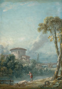 Nicolas-Jacques JULLIARD Paris, 1715 - 1790 Paysage avec un pêcheur au bord d'un lac, au fond un grand pigeonnier Panneau parqueté