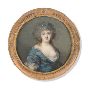 Attribué à Jean-Antoine LAURENT Baccarat, 1763 - Epinal, 1832 Portrait de jeune femme en robe bleue, le sein nu, avec une guirlande...