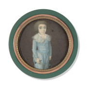 Ecole française vers 1780  Portrait de jeune garçon au bilboquet Miniature sur ivoire, de forme ronde