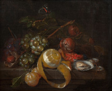 Cornelis de HEEM Leyde, 1631 - Anvers, 1695 Composition au citron, grappe de raisins et huitres Huile sur toile, marouflée sur panne...