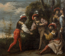 Pietro della VECCHIA Vicence, 1603 - Venise, 1678 Soldats jouant au jeu de la morra Huile sur panneau de résineux