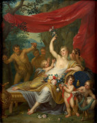 Balthasar BESCHEY Anvers, 1708 - 1776 Vénus surprise par trois satyres musiciens Huile sur panneau de chêne, une planche