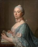 Ecole française du XVIIIe siècle  Portrait de femme à la robe bleue et au nœud rose tenant un livre Huile sur toile