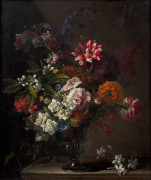 Jean-Baptiste MONNOYER Lille, 1636 - Londres, 1699 Bouquet de fleurs sur un entablement de pierre Huile sur toile