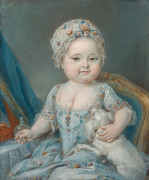 MARTIN Actif à Versailles, 1767 - 1785 Portrait d'enfant à la robe bleue jouant avec son chien et Portrait d'enfant à la robe rose e.