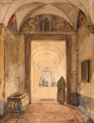 François-Marius GRANET Aix-en-Provence, 1775 - 1849 Intérieur de cloître avec un sarcophage Plume et encre brune, lavis brun, aquare...