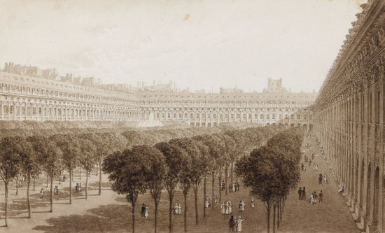 Lieutenant Colonel Robert Batty Londres, 1789 - 1848 Vue des jardins du Palais Royal Plume et encre brune, lavis d'encre brune sur p...