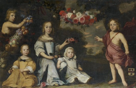 Ecole hollandaise du XVIIe siècle Entourage de Jan Van Neck Portrait d'enfants encadrés de guirlandes de fleurs et de fruits dans un...