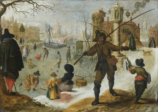 Sebastian VRANCX Anvers, 1573 ou 78 - 1647 Allégorie de l'hiver : promeneurs et patineurs dans une ville sous la neige Panneau de ch...