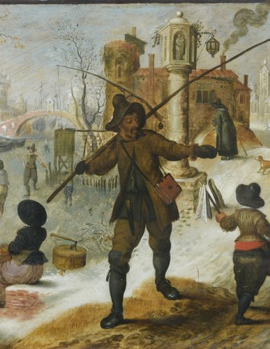 Sebastian VRANCX Anvers, 1573 ou 78 - 1647 Allégorie de l'hiver : promeneurs et patineurs dans une ville sous la neige Panneau de ch...