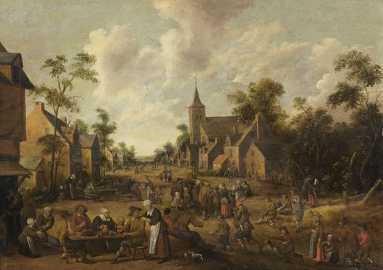 Joost Cornelisz Droogsloot Utrecht, 1586 - 1666 Une lecture publique et des réjouissances paysannes dans une rue de village Panneau...