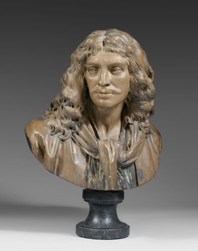 Ecole française du XIXe siècle D'après Jean-Antoine Houdon Jean-Baptiste Poquelin, dit Molière Buste en plâtre patiné