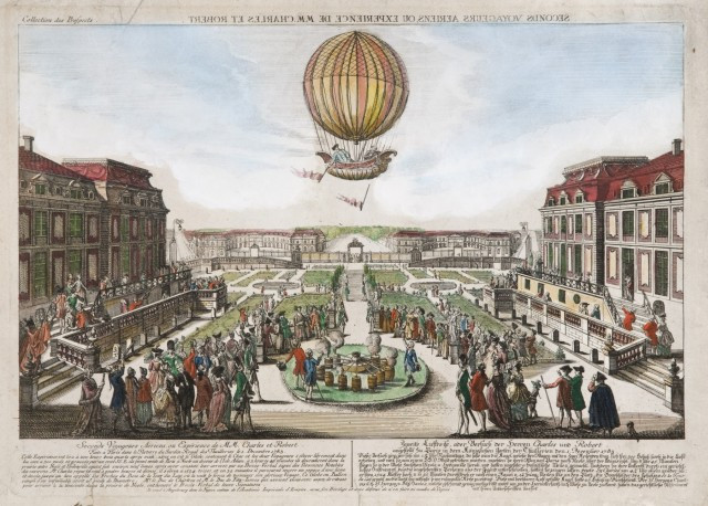 Ascension du premier ballon à gaz hydrogène avec équipage Eau-forte coloriée à la main, vue optique