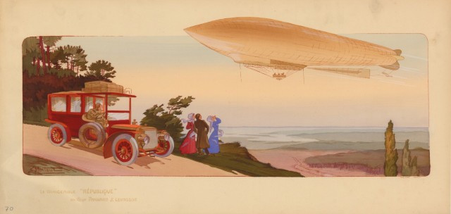 Ernest MONTAUT (1879-1936) Le dirigeable "République", moteur Panhard et Levassor Lithographie rehaussée à la gouache