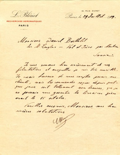 Louis BLERIOT (1872-1936) Lettre du 29 juillet 1909 à Daniel Berthelot