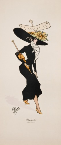 PLUM  Les Chapeaux aéroplanes à Paris 10 lithographies rehaussées à la gouache, datées 1910.