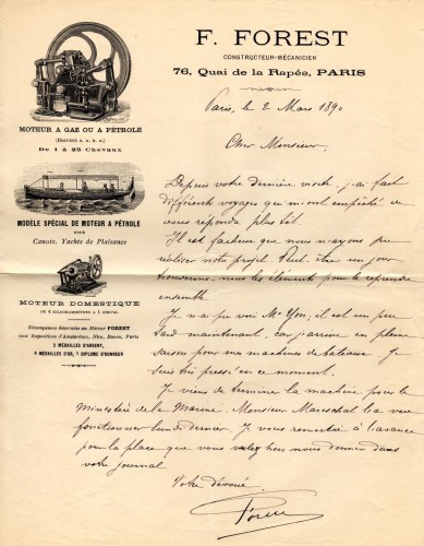 Fernand FOREST 1851-1914 inventeur du moteur à explosion 4 lettres autographes signées, Paris 1889-1890, à Gaston TISSANDIERR...