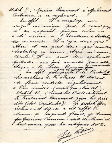 Jules VEDRINES 1881-1919 aviateur et as de l'aviation Lettre autographe signée, champ d'aviation de Sœsserberg 24 juin 1911, à...