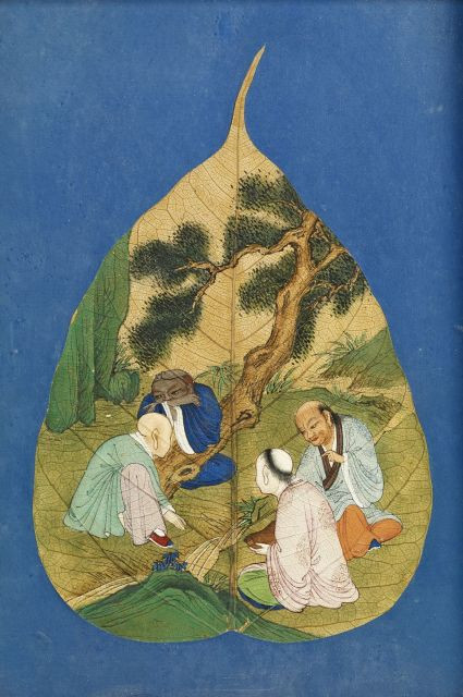 PEINTURE À L'ENCRE ET COULEURS SUR FEUILLE D'ORME, ENCADRÉE, CHINE, DYNASTIE QING, XIXE SIÈCLE