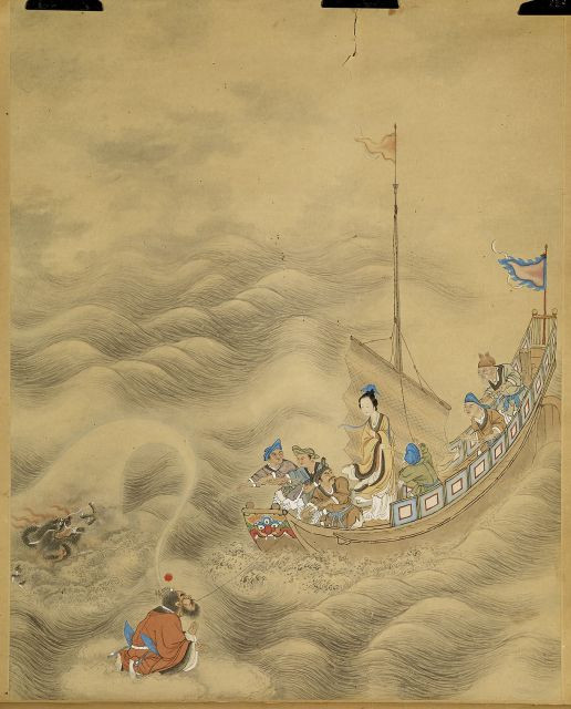 DEUX PEINTURES EN ROULEAU, ENCRE ET COULEUR SUR PAPIER, CHINE, DYNASTIE QING, FIN DU XIXE SIÈCLE L'une représentant, une femme debout d