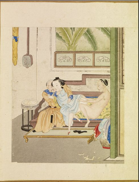 ALBUM DE DOUZE PLANCHES DE PEINTURES EROTIQUES, ENCRE ET COULEUR SUR PAPIER, CHINE, XIXE SIÈCLE