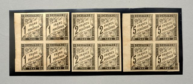 Colonies Générales - Taxes. N°12 1f. noir. Bloc de quatre neuf, gomme avec lég. rousseur - N°13  2f. noir. Bloc de quatre neuf - N°1...