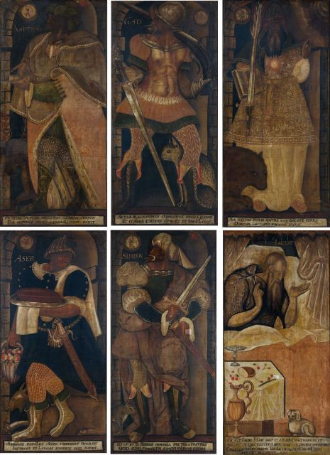 ATTRIBUE A NIKLAUS MANUEL DEUTSCH BERNE, 1484 - 1530 JACOB, SIMON, LEVI, NEPHTALI, GAD ET ASER Suite de six huiles sur toiles