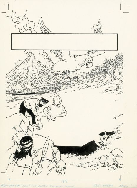 HERGÉ STUDIOSLES AVENTURES DE LA 2CVEncre de chine pour le dessin de couverture du fascicule publicitaire de la 2CV. 35,5 x 26 cm.