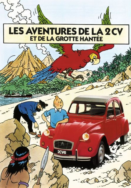 HERGÉ STUDIOSLES AVENTURES DE LA 2CVEncre de chine pour le dessin de couverture du fascicule publicitaire de la 2CV. 35,5 x 26 cm.